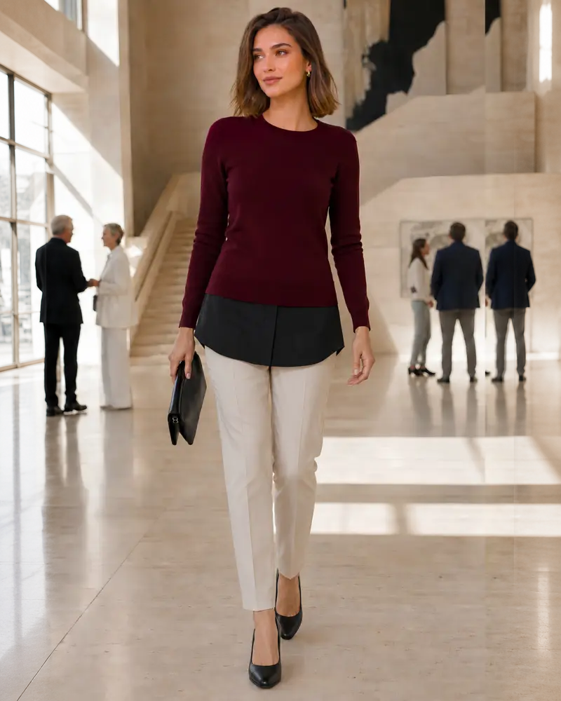 Taş rengi pantolon üzerinde siyah Kurtarıcı Etek ile premium günlük kombin